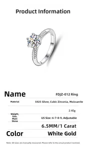 Detail specifications of S925 sterling silver ring with 1ct moissanite and 6-prong setting