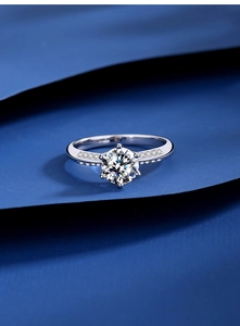 Close-up of a six-prong crown moissanite ring with side-stone micro-paving on S925 silver band