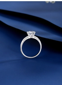 Close-up of S925 sterling silver ring featuring a six-claw moissanite setting on velvet