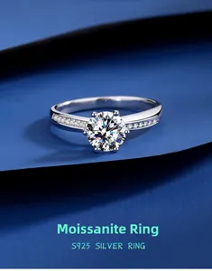 Macro shot of S925 sterling silver moissanite ring with classic six-prong setting detail
