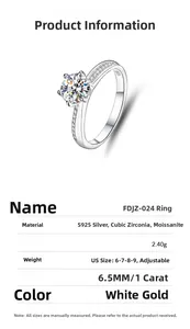Detailed chart showing S925 sterling silver six-prong moissanite ring specifications