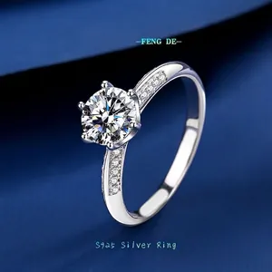 Luxury 925 Sterling Silver Ring Six Prong Round Cut Moissanite Ring Micro Pave Zirconia Wedding Band Engagement Jewelry For Women
