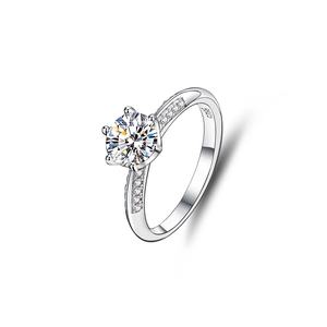Luxurious S925 sterling silver ring with six-prong moissanite and side diamond accents