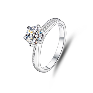 Macro shot of S925 sterling silver ring featuring a six-prong solitaire moissanite stone