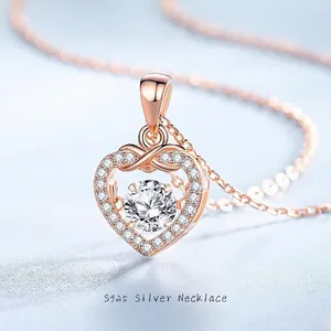 Collier Cœur Dansant en Argent Sterling 925 Infini Pendentif Moissanite Zirconia Or Rose pour Bijoux de Mode Femme