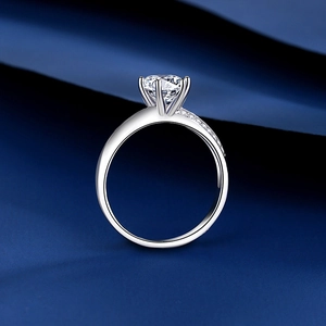 Classic six-prong S925 silver moissanite crown engagement ring with side diamonds