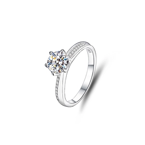 S925 sterling silver six-prong moissanite engagement ring with elegant side diamonds
