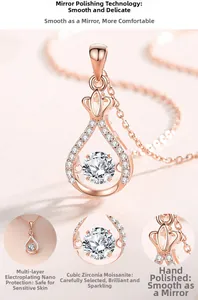 Détail du pendentif couronne goutte d'eau en or rose avec moissanite et placage multicouche