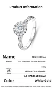 Detailed spec sheet for 0.5ct Moissanite ring in S925 silver with adjustable sizing
