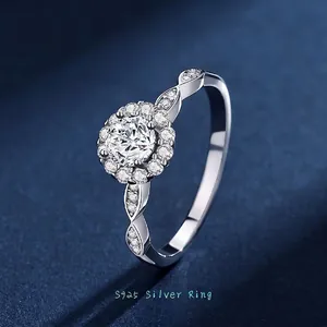 925 Sterling Silver Moissanite Zirconia Halo Ring For Women Round Cut D Color Engagement Proposal Wedding Finger Ring