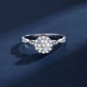 S925 sterling silver halo ring with round cut moissanite and twisted band detail
