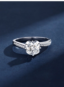Close-up of heart-shaped six-prong setting with moissanite on a 925 silver ring