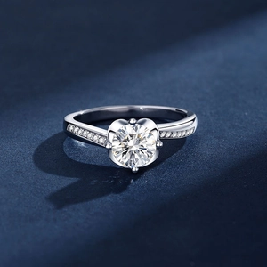 Classic S925 sterling silver four-prong moissanite ring with side accent diamonds