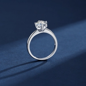 Classic 925 sterling silver ring with a round moissanite in a six-prong setting