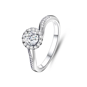 Bague halo en argent sterling S925 et moissanite avec anneau pavé torsadé classique