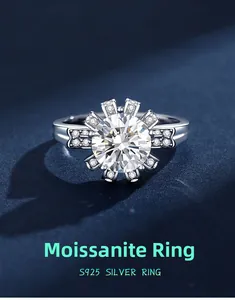 Macro shot of S925 sterling silver ring featuring a floral moissanite cluster design