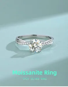 Macro view of S925 silver ring featuring a round moissanite with twisted band detail
