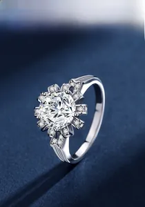 Macro view of the silver sunflower ring with a large moissanite centerpiece and pavé petals