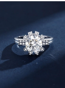 Macro shot of S925 silver sunflower ring featuring a brilliant central round diamond stone