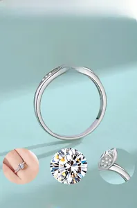 Macro shot of silver Moissanite ring featuring a lotus flower six-prong setting and sparkles
