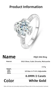 Detail view of S925 sterling silver ring with 2ct Moissanite and technical specifications