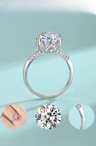 Detailed views of S925 sterling silver lotus ring with moissanite and polished shank