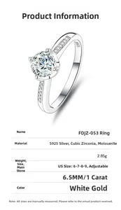 Detailed S925 sterling silver ring specifications with 1ct moissanite 6-prong setting