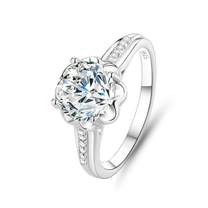 Classic S925 sterling silver ring with 2 carat round moissanite in six-prong floral setting