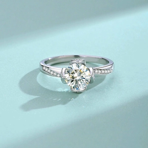 Sparkling lotus moissanite S925 silver ring with crown setting and brilliant round center stone