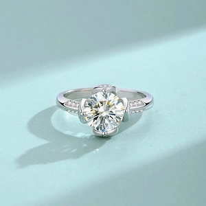 Luxurious S925 sterling silver lotus moissanite ring with six-prong brilliant-cut stone