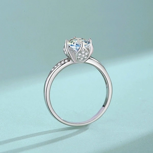 Exquisite S925 silver lotus moissanite ring with floral six-prong setting and side diamonds