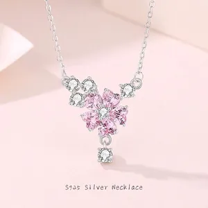 Collier Fleur de Cerisier en Argent Sterling S925 pour Femme Pendentif Fleur Zirconia Coeur Rose Elégant Bijoux Cadeau