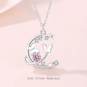 Collier Pendentif Papillon Étoile Lune en Argent Sterling 925 pour Femme Strass Rose Style Fée Bijoux Minimalistes