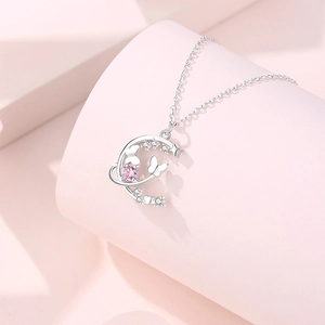 Collier en argent sterling S925 avec pendentif lune et papillon rose de rêve
