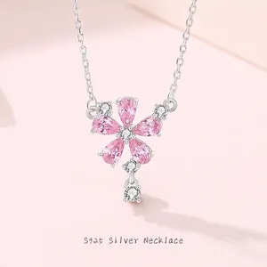 Collier Pendentif Fleur de Pêcher en Argent Sterling 925 et Zirconia Rose pour Femme Bijoux Floraux Mariage Saint Valentin
