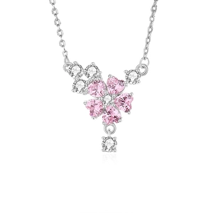 Collier en argent S925 avec pendentif fleur de cerisier rose et pierres précieuses