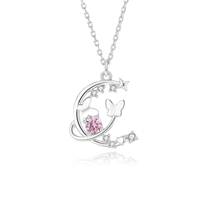 Collier élégant en argent S925 avec lune, papillon et pendentif étoile en pierre rose