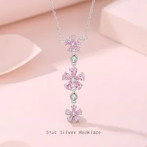 925 Sterling Silver Peach Blossom Necklace Pink Zirconia Inlaid Sweet Flower Tassel Clavicle Chain Jewelry For Women