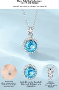 Détails du collier en argent S925 montrant le pendentif en zircone bleue et le polissage