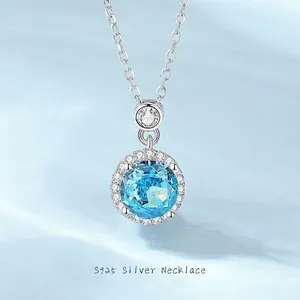 Collier en Argent Sterling 925 Pendentif Halo Rond Bleu Blanc Zircone Moissanite Chaîne Délicate Bijoux pour Femmes Cadeau d'Anniversaire