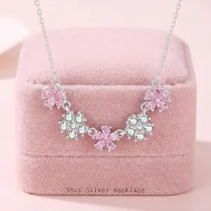 Collana Con Ciondolo in Argento Sterling 925 a Forma di Ciliegio per Donna Strass Rosa Bianchi Intarsiati Fiore Sorridente Gioielli