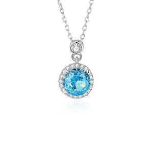 Collier en argent sterling S925 avec pendentif pierre bleue et halo de diamants