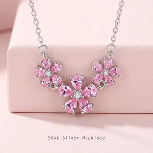 925 Sterling Silver Peach Blossom Necklace For Women Sweet Pink Zirconia Flower Pendant Platinum Plated Jewelry Date Gift