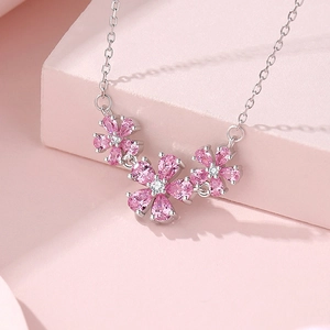 Elegant S925 sterling silver necklace with triple pink flower pendant and crystal stones