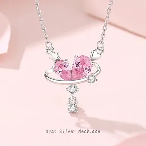 925 Sterling Silver Heart Planet Pendant Necklace Pink Zirconia Saturn Star Choker For Women Valentine's Day Jewelry Gift