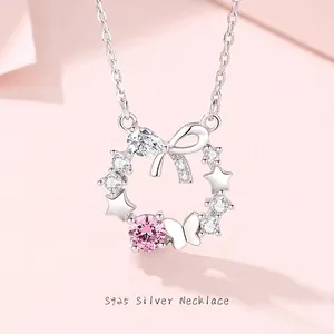 Collier Couronne en Argent Sterling S925 pour Femme Pendentif Nœud Papillon Étoile avec Zirconia Rose Bijoux de Mode Sucrés