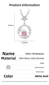 Tableau des tailles détaillé pour le collier planète rose en argent S925 avec dimensions