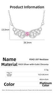 Detailed size specifications for S925 sterling silver angel wing pendant with pink zircon