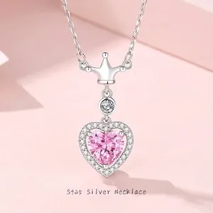 925 Sterling Silver Heart Pendant Necklace With Pink Cubic Zirconia Crown Design Sweet Romantic Jewelry For Women Dating Gift
