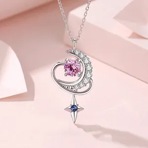 Dreamy Galaxy 925 Sterling Silver Necklace With Pink Cubic Zirconia Heart Moon Star Pendant Romantic Jewelry For Women Gift